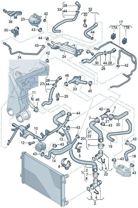 Схема системи охолодження Skoda Octavia Tour для мотору 1.9 AGR: