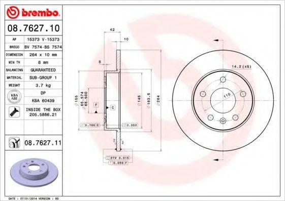 гальмівний диск BREMBO 08.7627.11 гальмівний диск BREMBO 08.7627.11