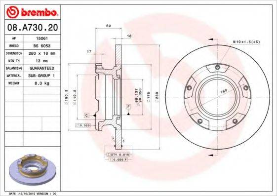 гальмівний диск BREMBO 08.A730.20 гальмівний диск BREMBO 08.A730.20