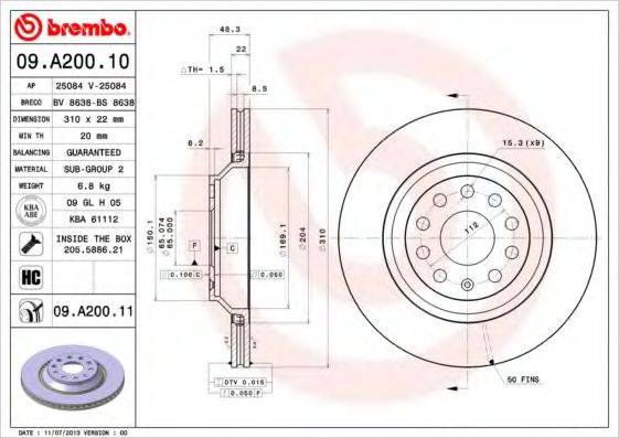 BREMBO 09A20011 Тормозной диск