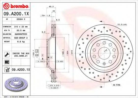 BREMBO 09A2001X Тормозной диск